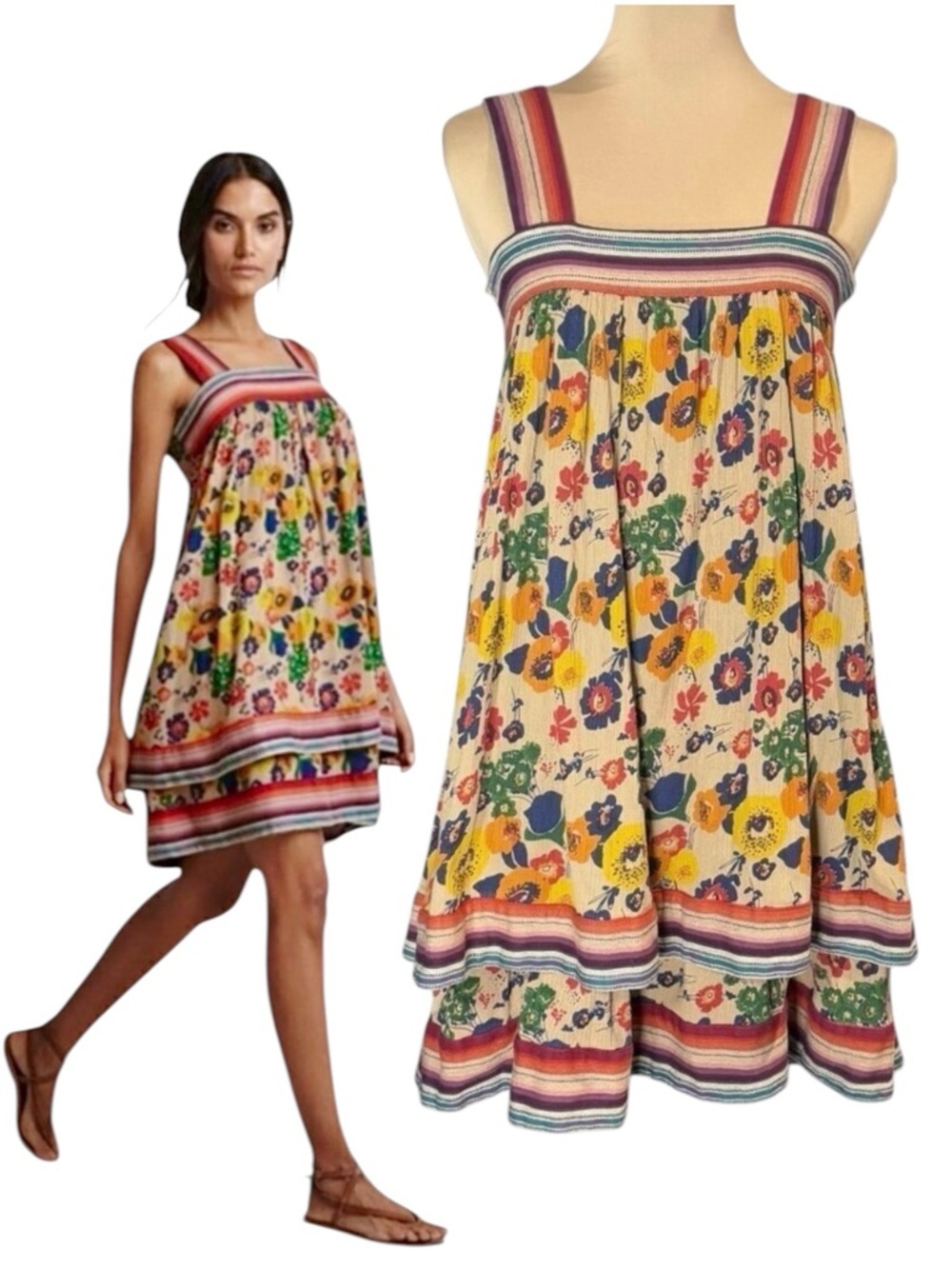 WARM NY Babydoll Mini Dress Sz.XS Tiered Floral Smocked Back Sundress Boho
